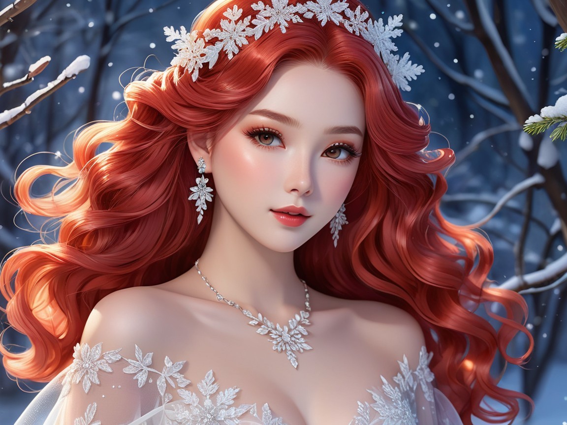 Woman with Red Hair in Snowflake Tiara and Gown
