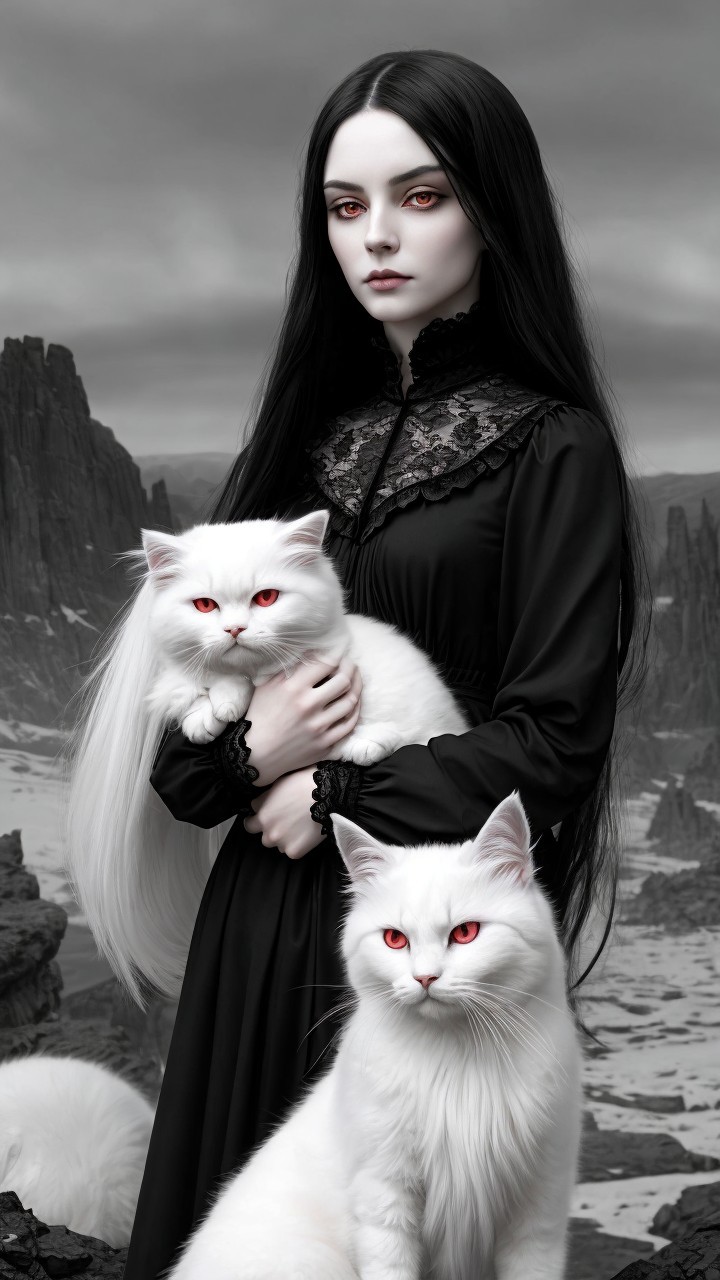 Mysterious Woman with Cats in Monochrome Landscape