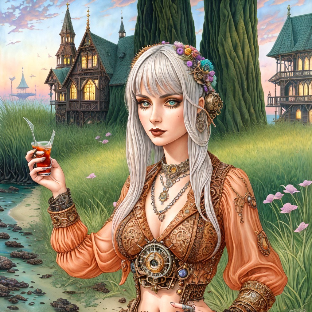 Woman with Silver Hair by Serene River in Fantasy Setting