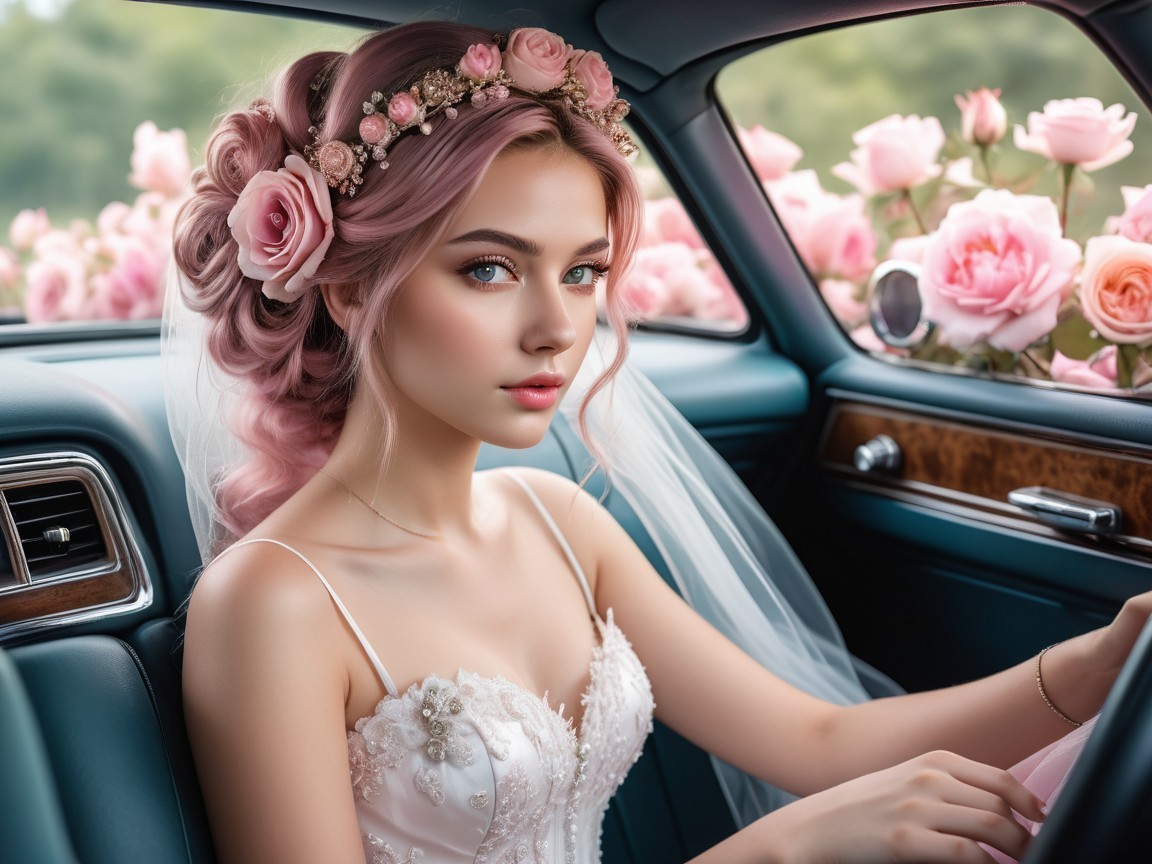 Young bride with pink hair in vintage car setting