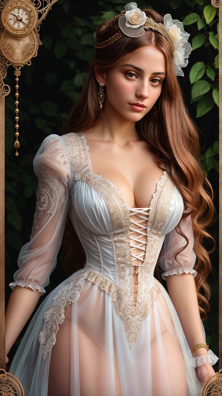 Young woman in elegant gown amidst lush greenery