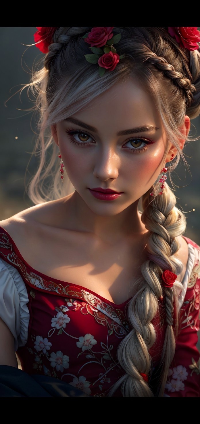 Young woman in red dress with braided blonde hair