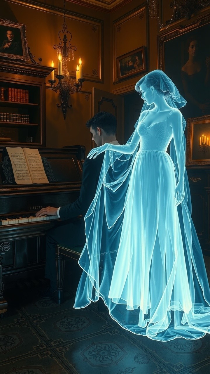 Ghostly Figure by Grand Piano in Opulent Room