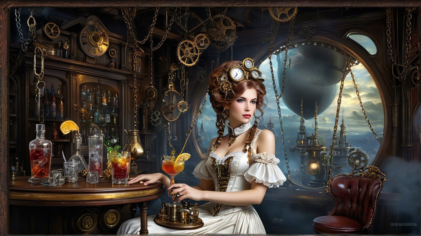 Steampunk Scene with Woman in Ornate Dress and Bar