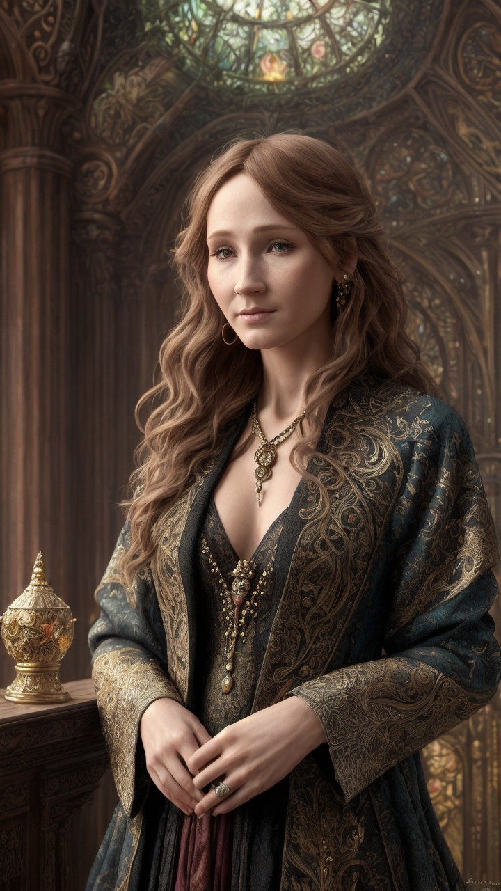 Regal Woman in Dark Robe with Stained Glass Backdrop