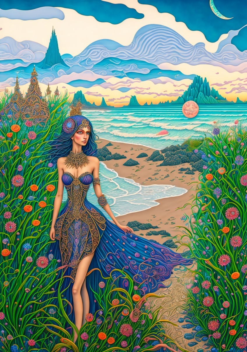 Vibrant Shoreline with Woman in Intricate Dress