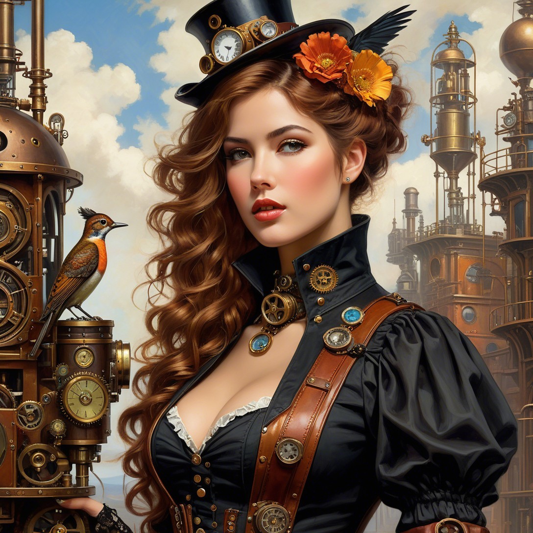 Female Steampunk Engineer with Elaborate Machine Design