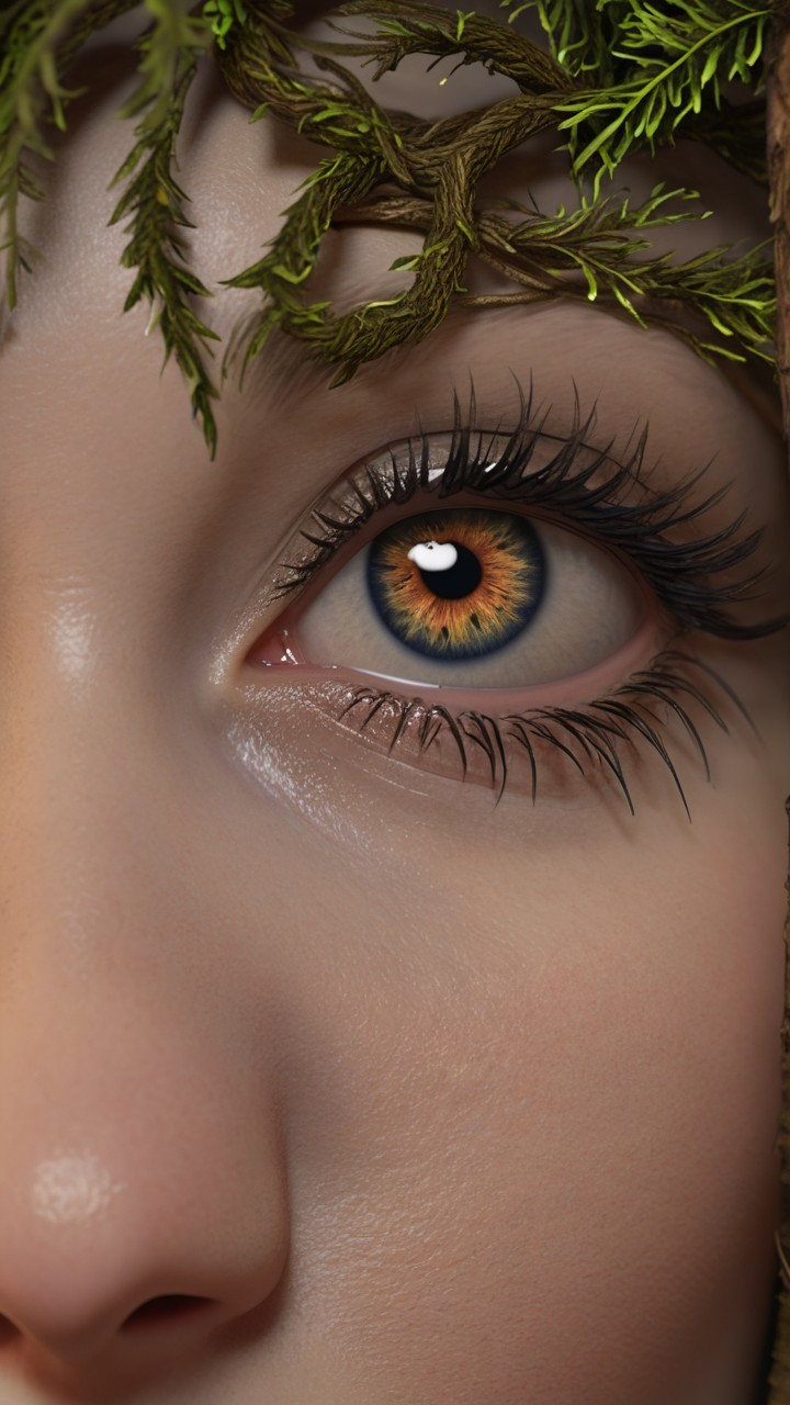 Close-Up of a Colorful Eye Surrounded by Green Foliage