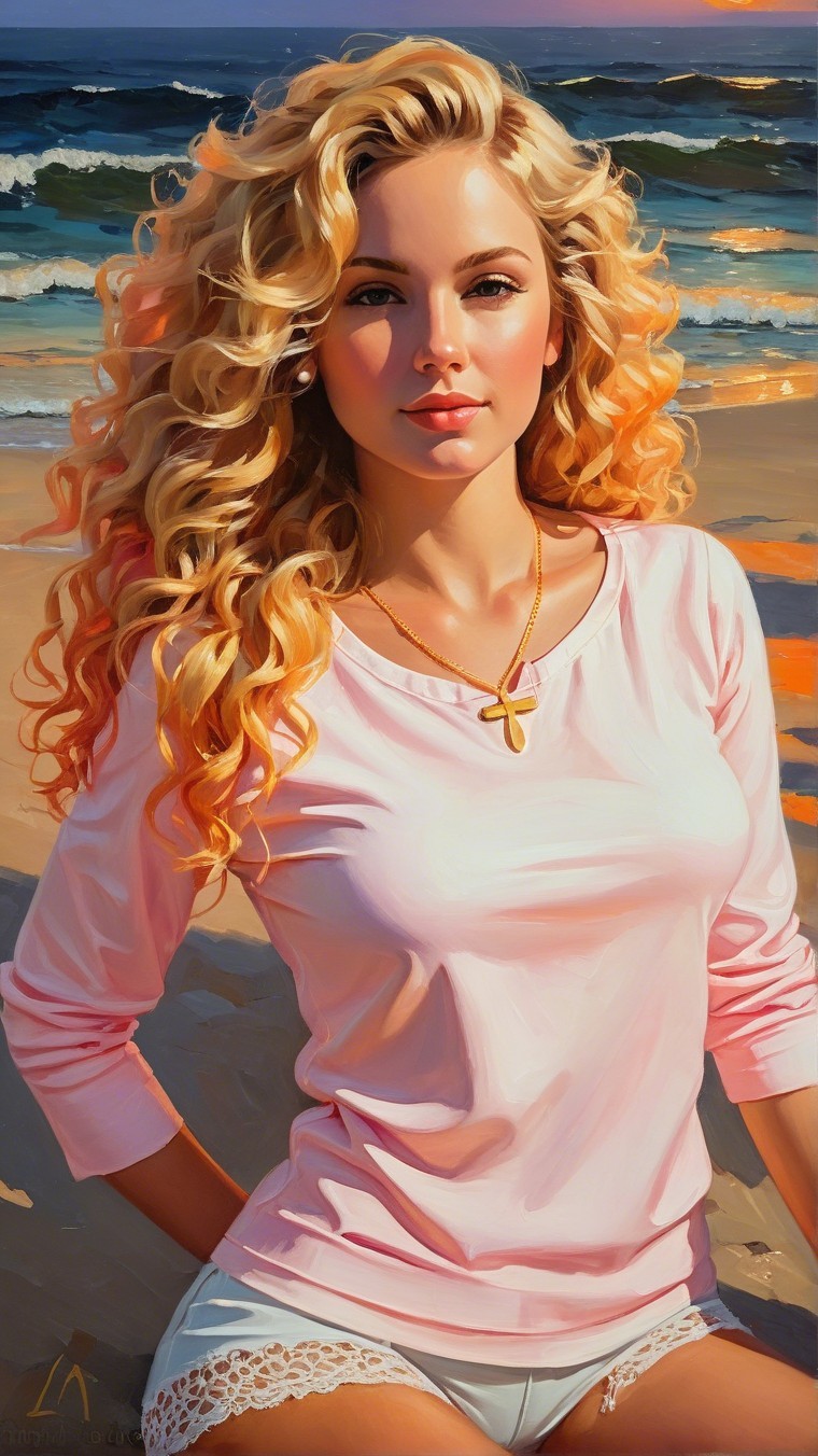 Young Woman in Beach Attire at Sunset by Waves