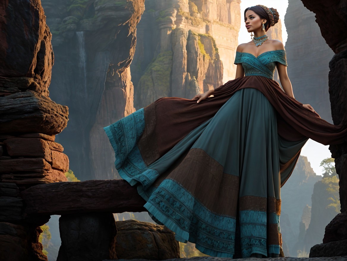 Elegant Woman in Flowing Gown Against Rugged Cliffs