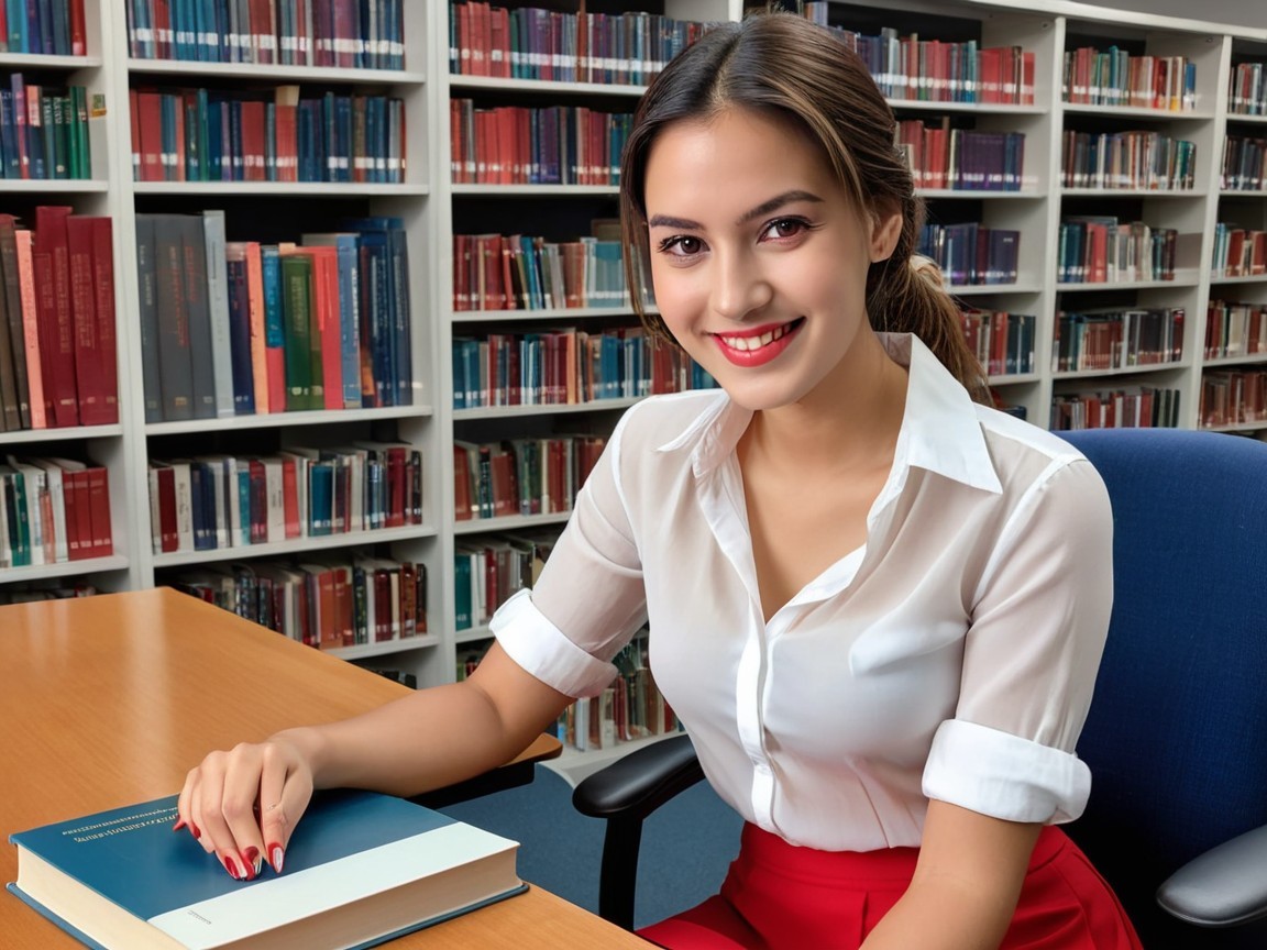 Young Woman in Library with Colorful Books Background