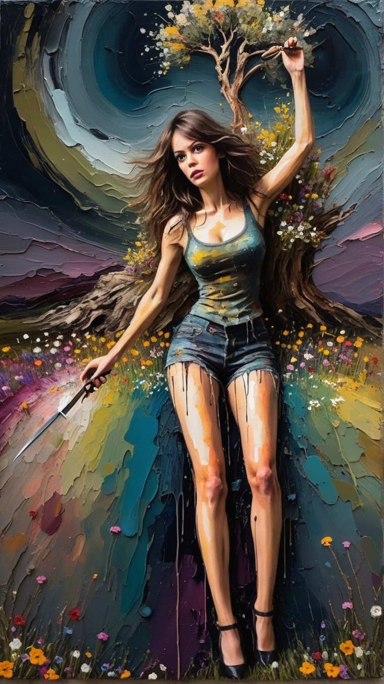 Surreal Painting of Woman with Paintbrush and Blossoms
