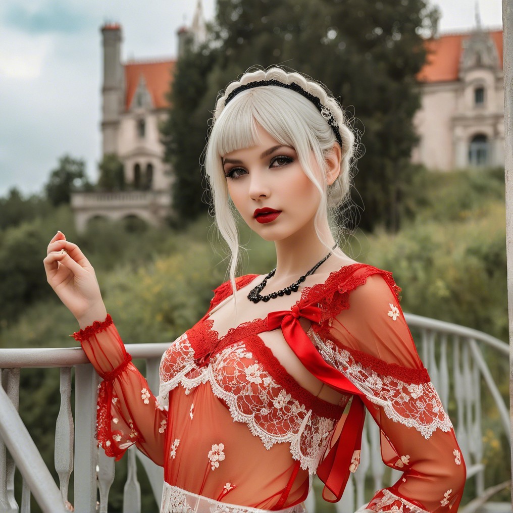 Young woman in red lace outfit with castle backdrop