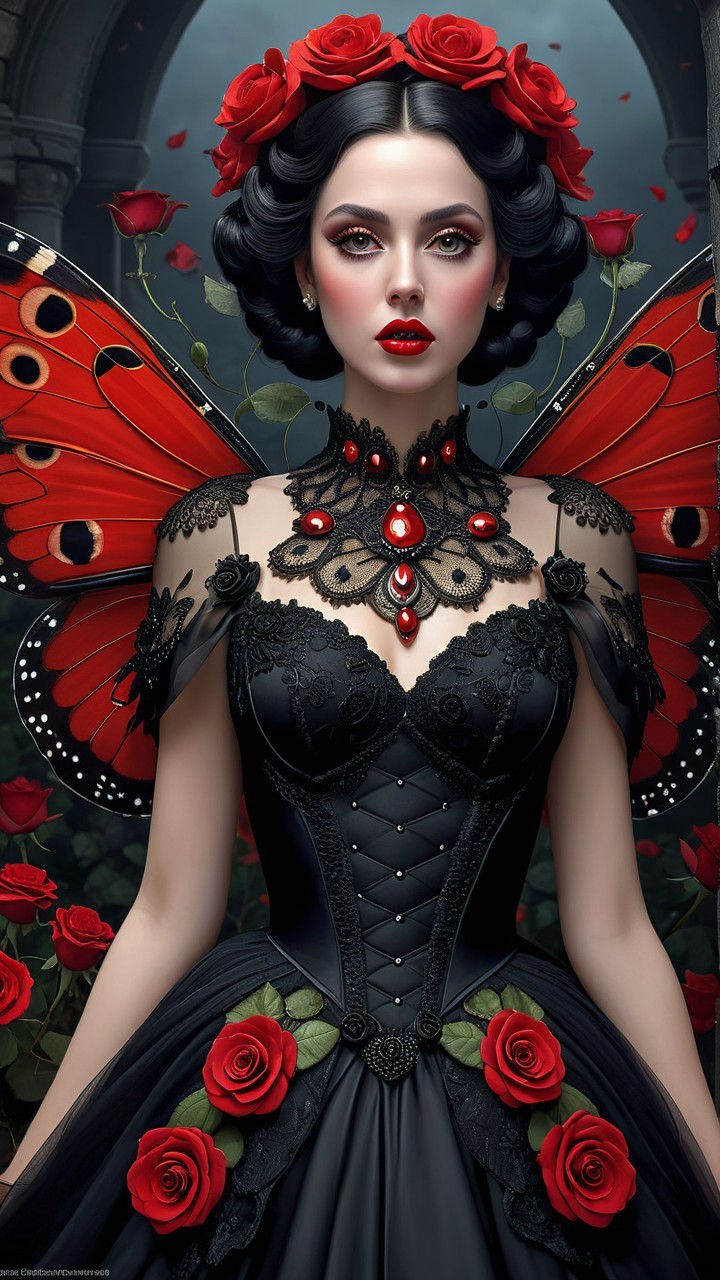 Gothic Elegance in Black Gown with Butterfly Wings