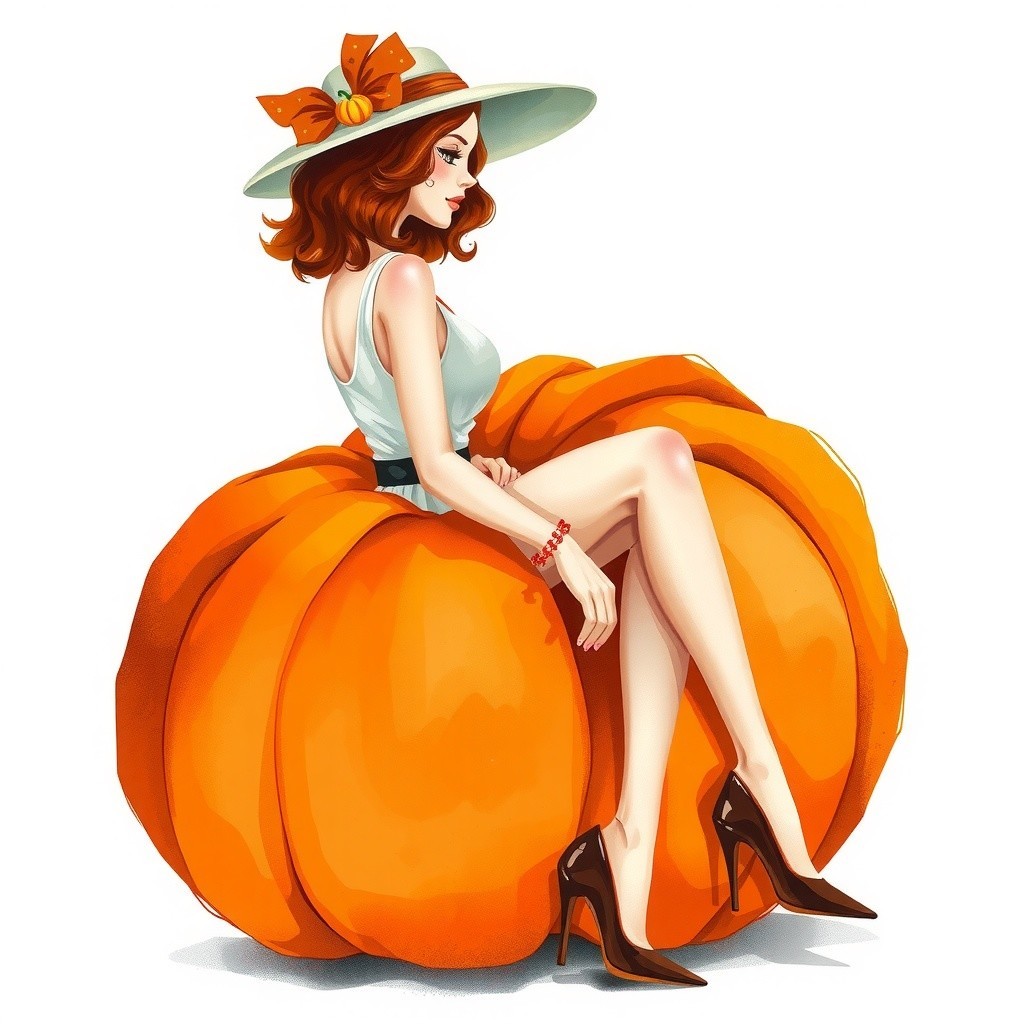 Elegant Woman on Vibrant Orange Pumpkin in Autumn