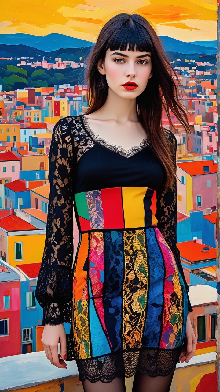 Young Woman in Colorful Dress Against Cityscape Sunset