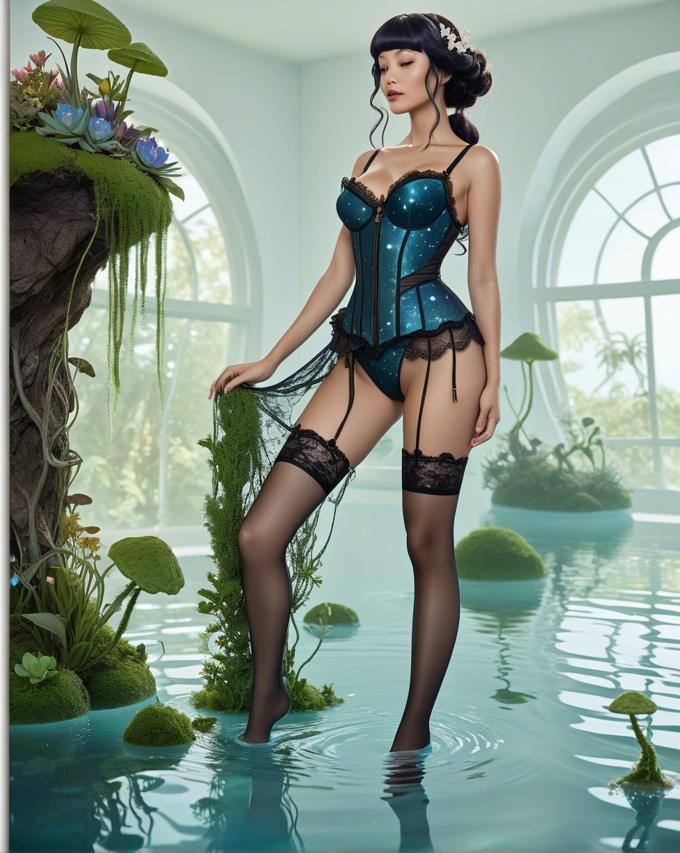 Woman in teal corset in a room with water and mushrooms