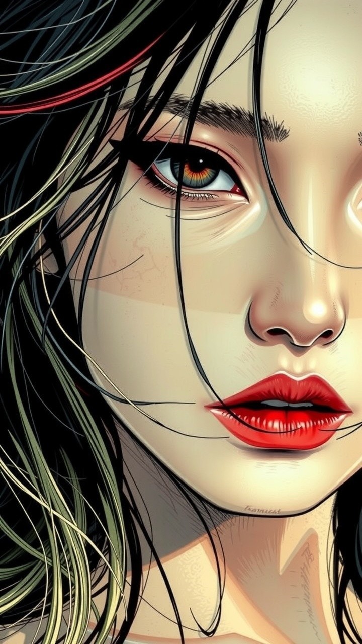 Close-up of a striking female face with bold features