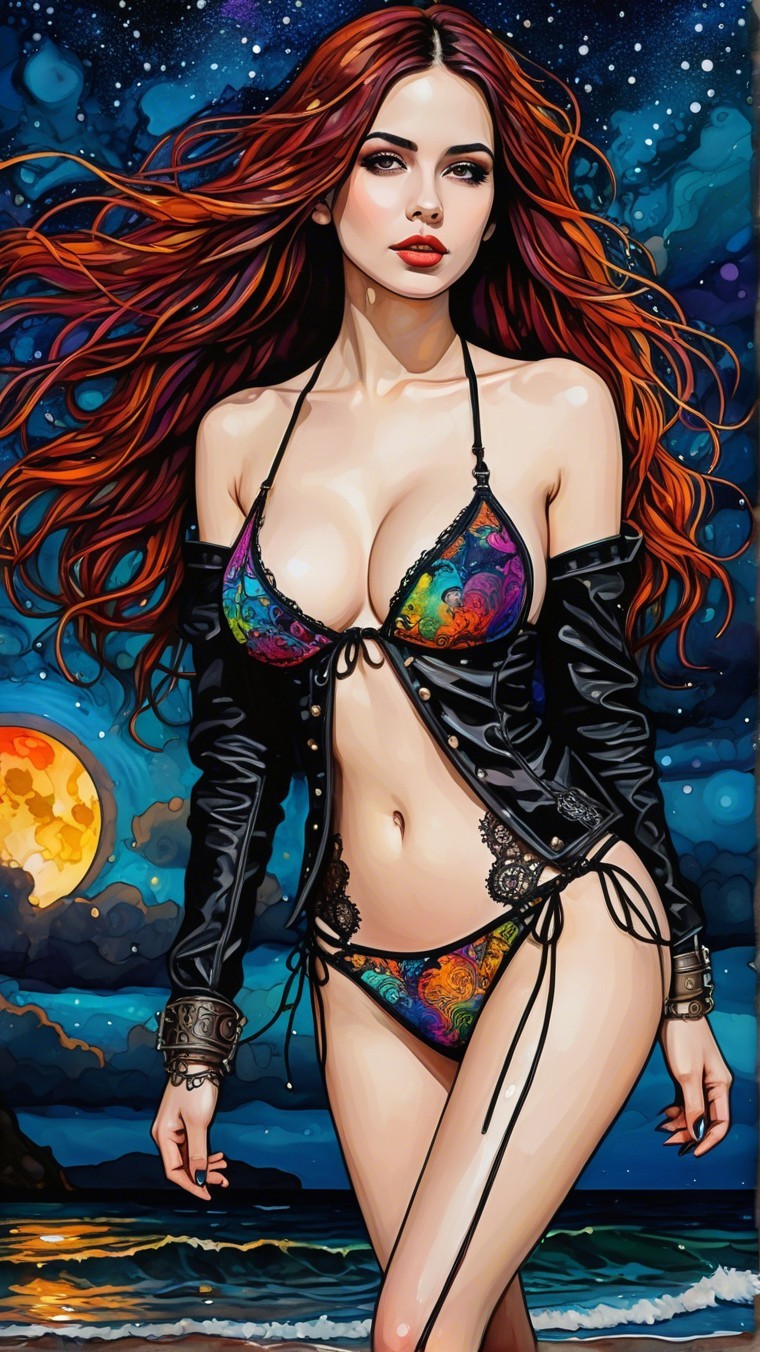 Colorful Bikini and Black Jacket Against Night Sky