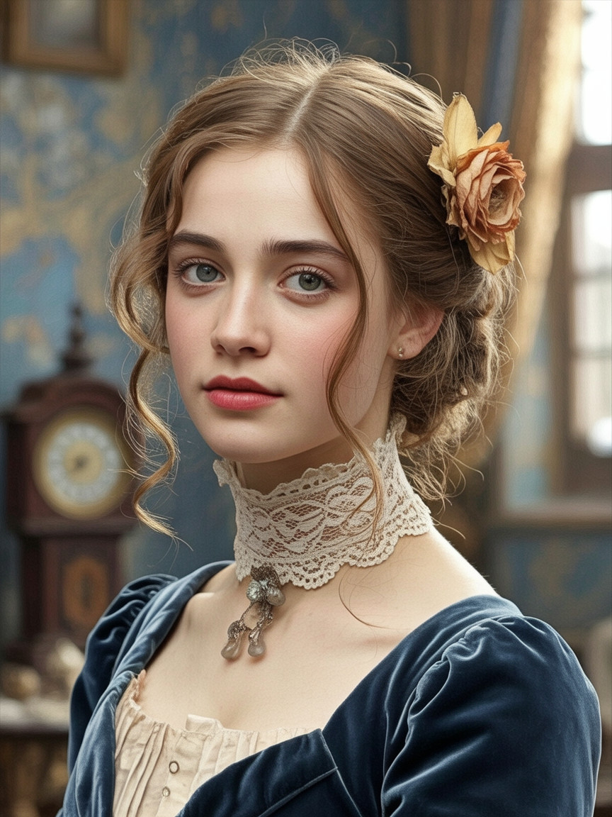 Young woman in vintage attire with floral accents