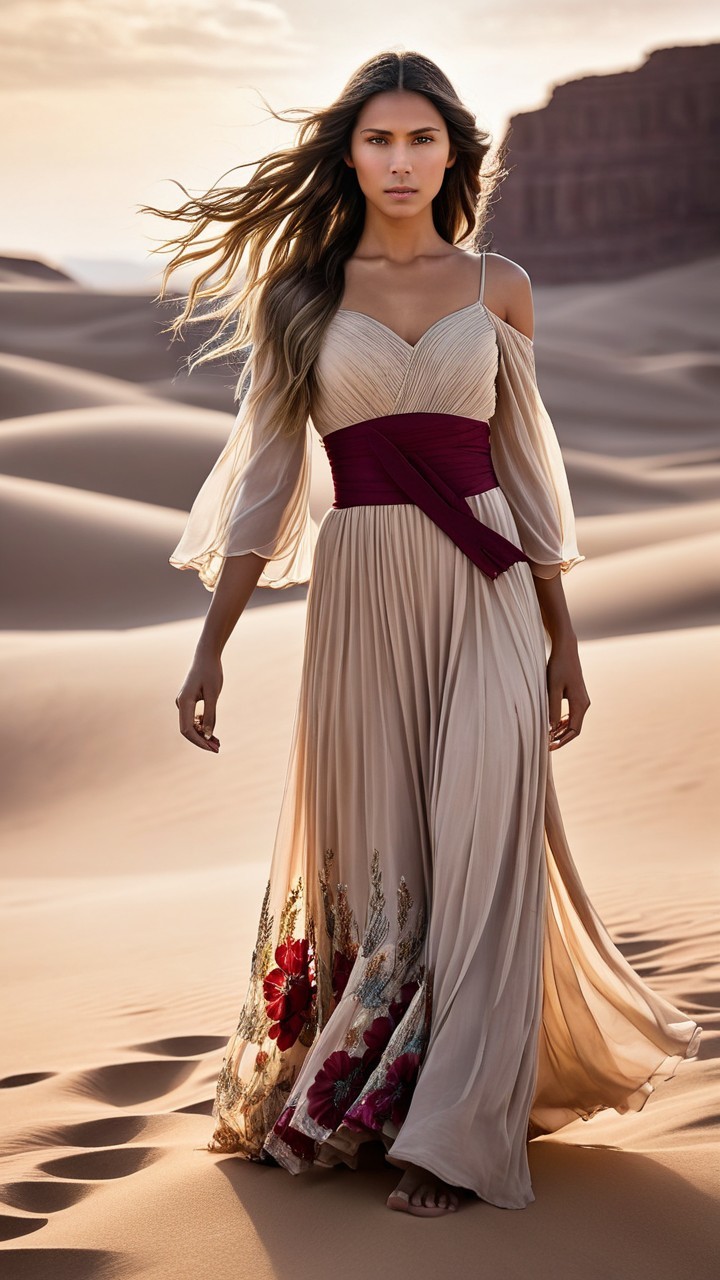 Woman in Beige Floral Dress Against Sand Dunes