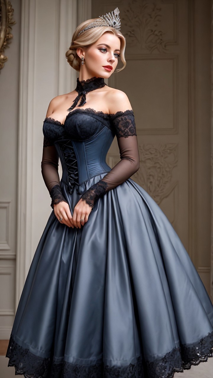 Elegant Woman in Off-Shoulder Gown with Tiara