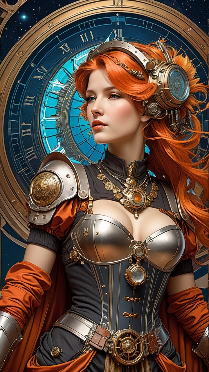Steampunk Character with Orange Hair and Clock Background