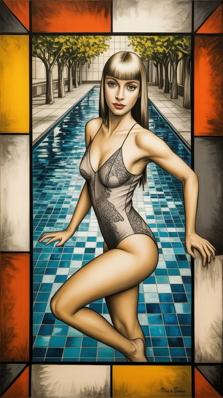 Woman in sheer swimsuit by turquoise pool with geometric shapes