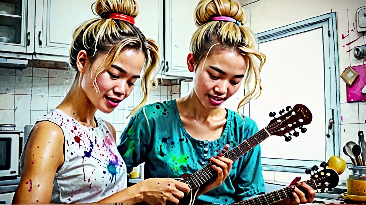 Blonde Women Playing Ukuleles in Vibrant Kitchen