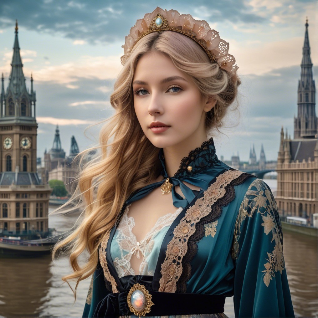 Elegant Woman in Teal Gown by River with Architecture