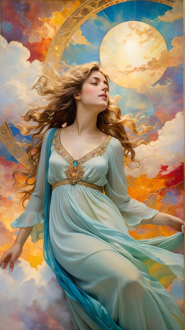 Serene Woman in Flowing Gown Against Vibrant Sky