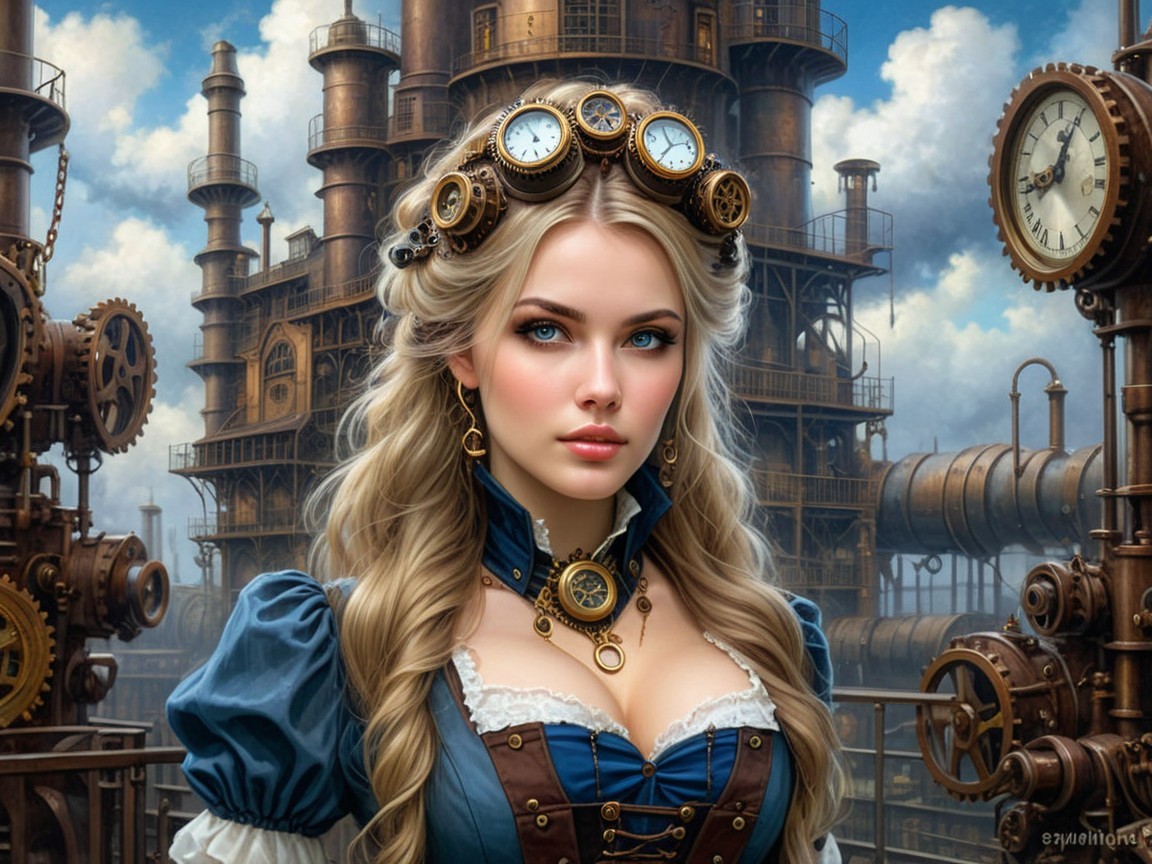 Young Woman in Steampunk Outfit Against Industrial Backdrop