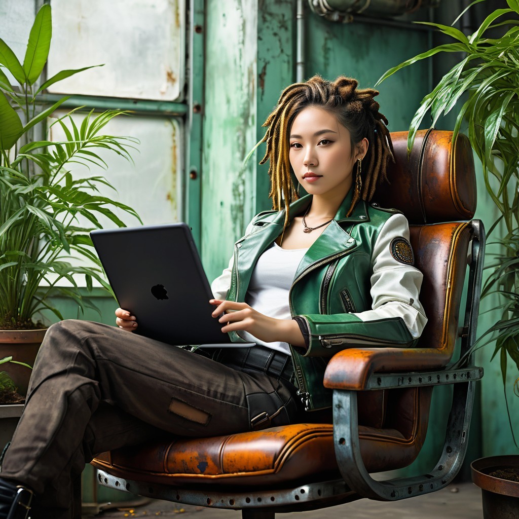 Young Woman in Leather Chair Amidst Greenery and Tech