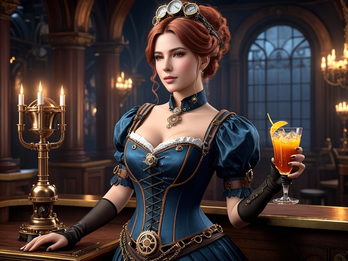 Steampunk-Inspired Dress with Vintage Bar Decor