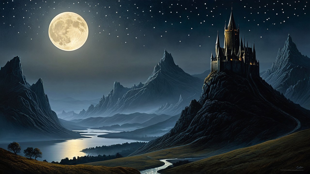 Castle on a Mountain Overlooking a Moonlit River