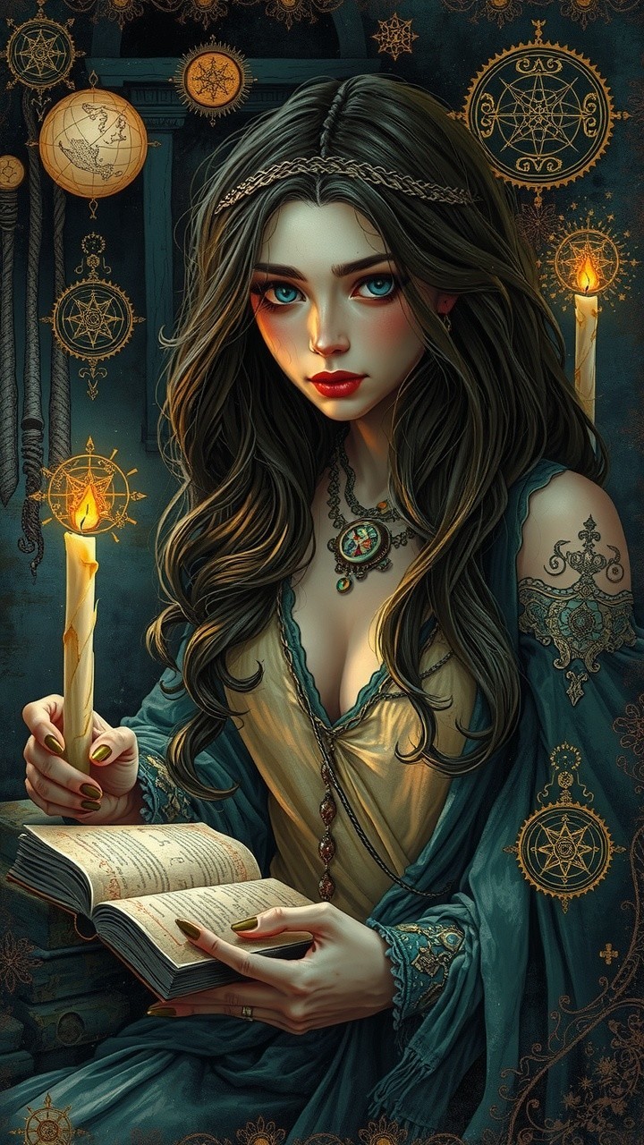 Mystical Woman in Teal Gown Surrounded by Symbols