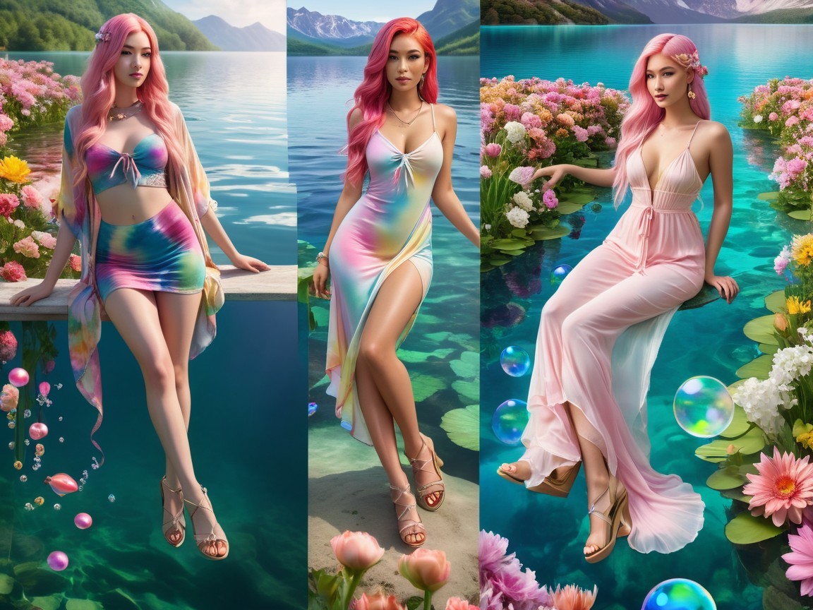 Young Woman in Colorful Dresses by Serene Lake