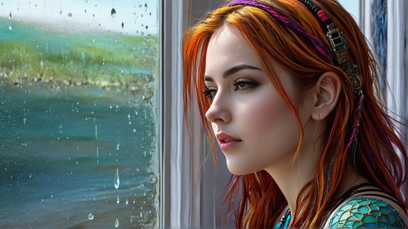 Young woman with orange-red hair at a rain-streaked window