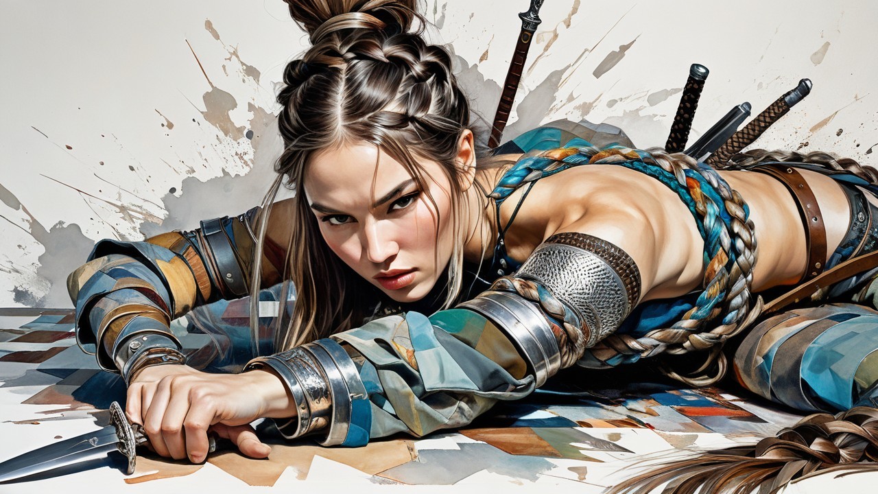 Fierce Warrior in Colorful Armor with Dagger