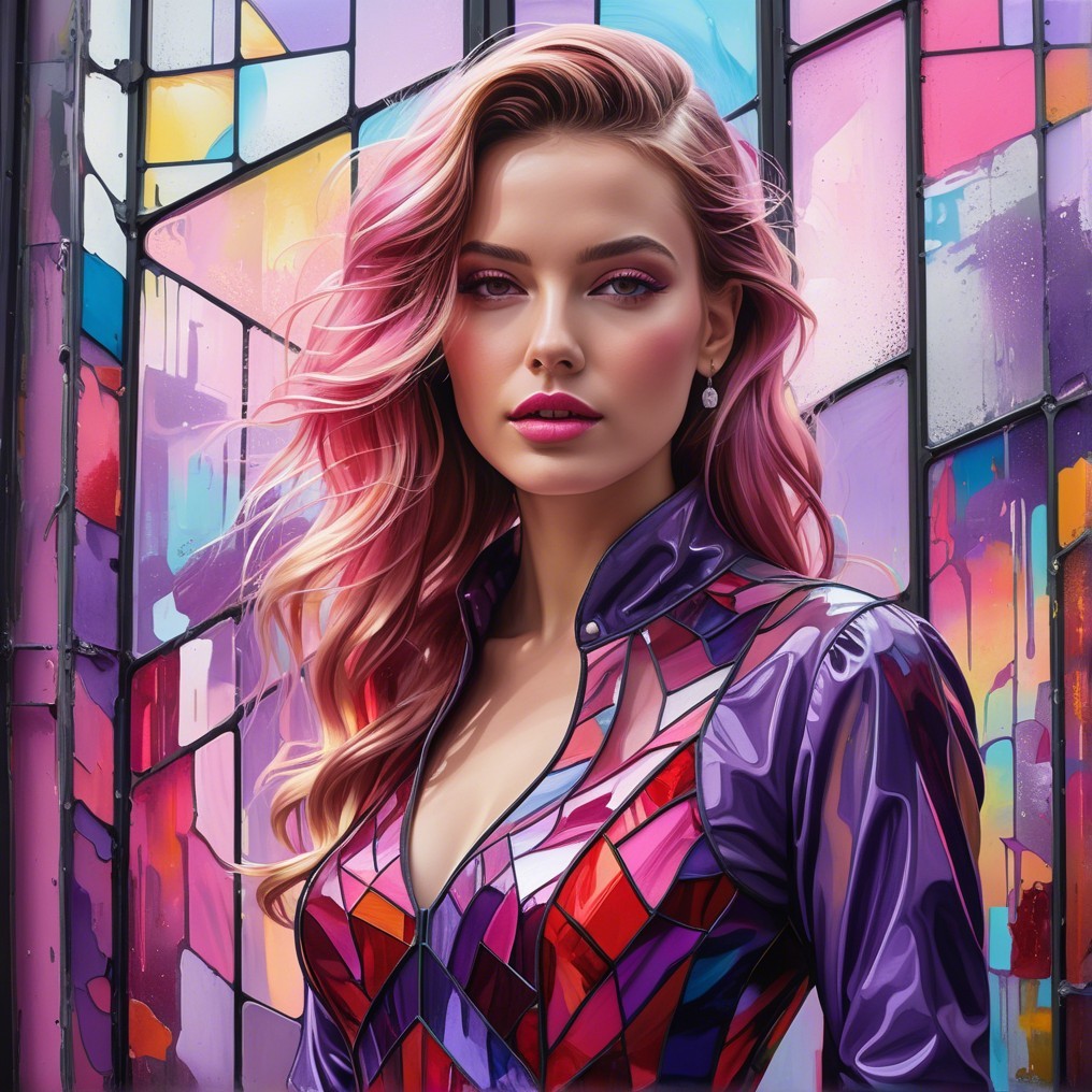 Young Woman in Colorful Outfit by Stained Glass