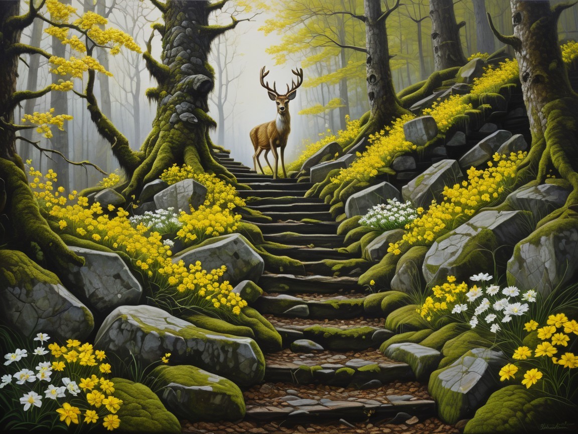 Serene Forest Scene with Deer and Vibrant Flora