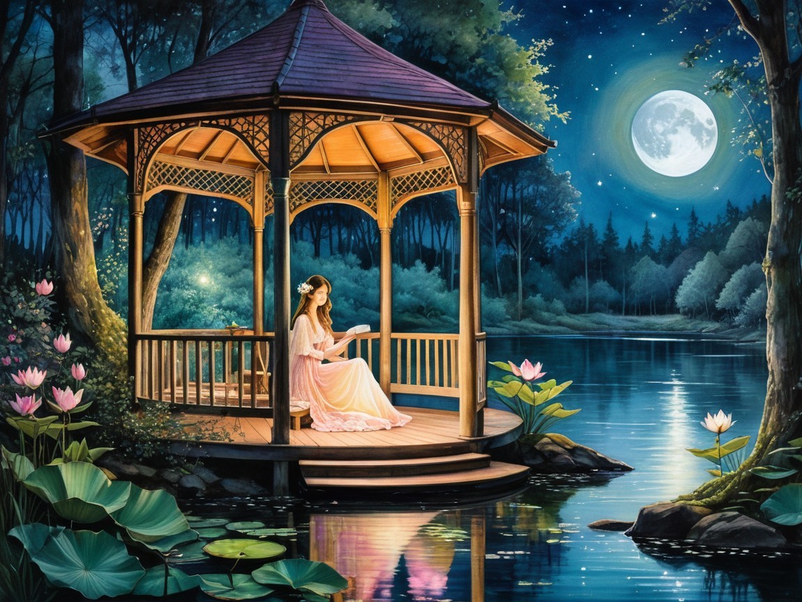Anime-style painting of a woman in a gazebo at night