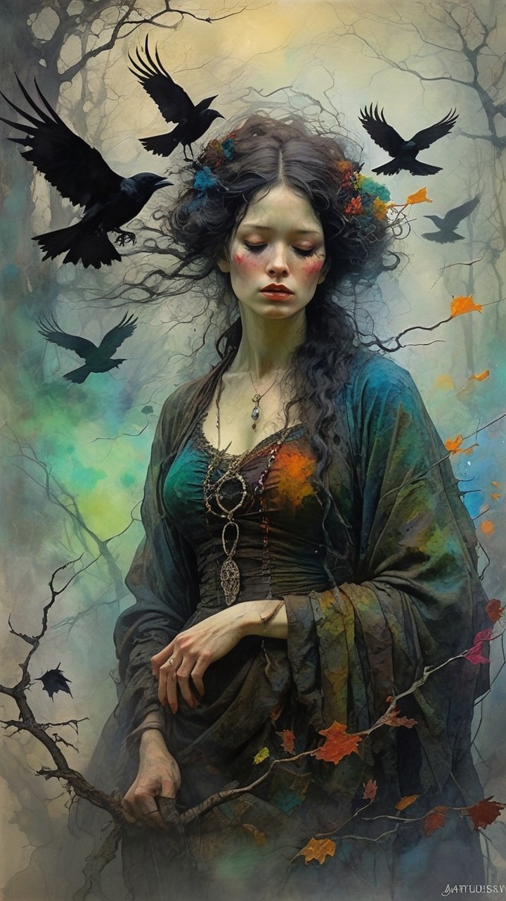 Mystical figure in colorful swirls with crows above