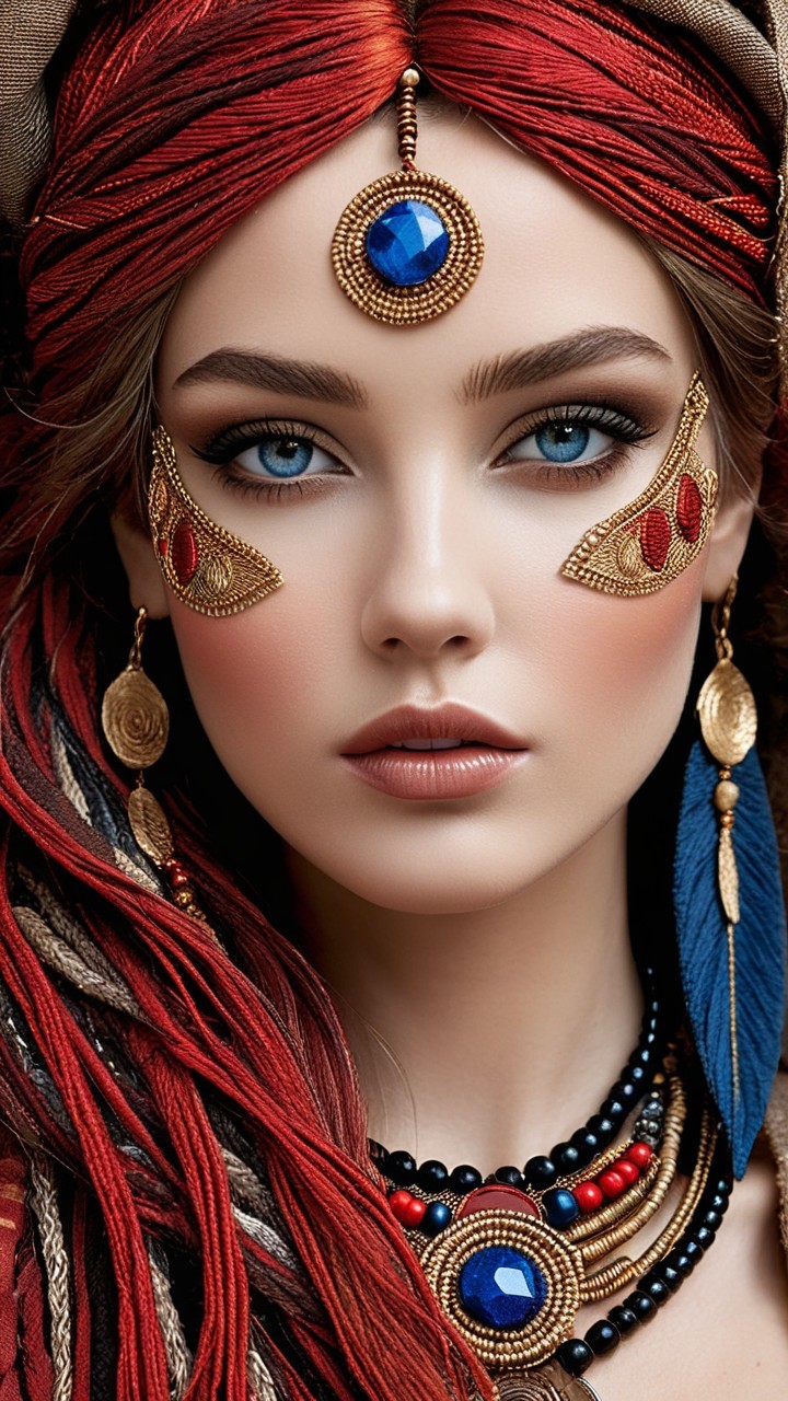 Portrait of a woman with tribal makeup and vibrant hair