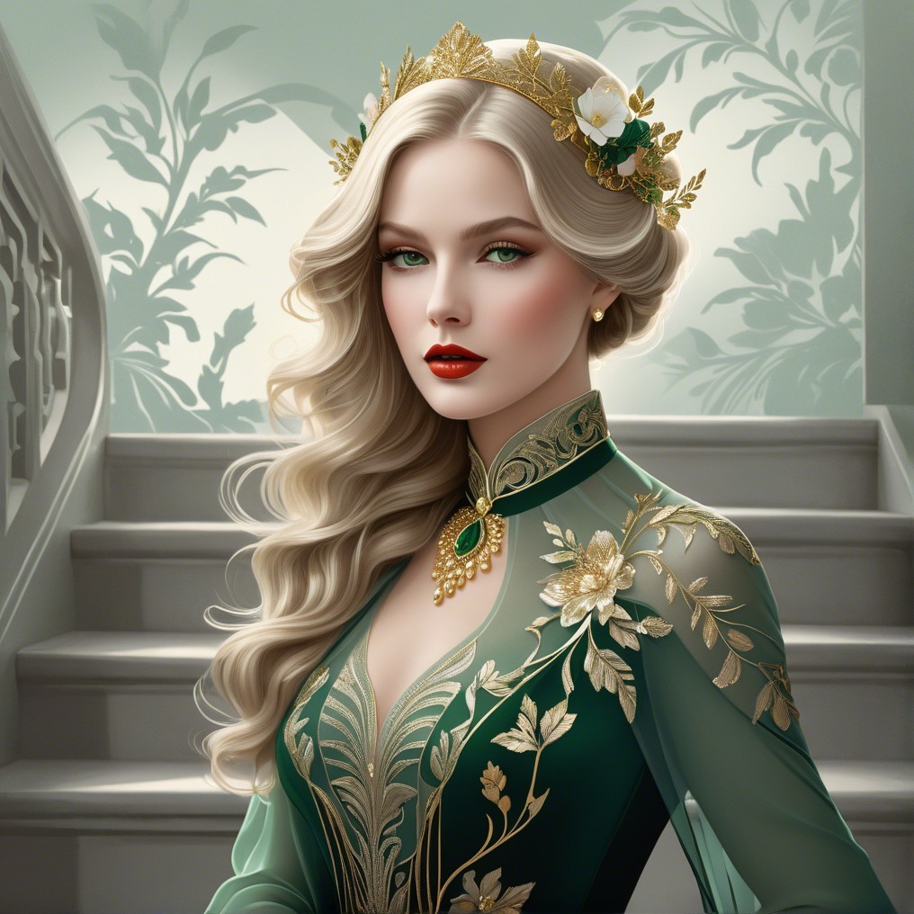 Elegant Woman in Green Gown in Enchanting Setting