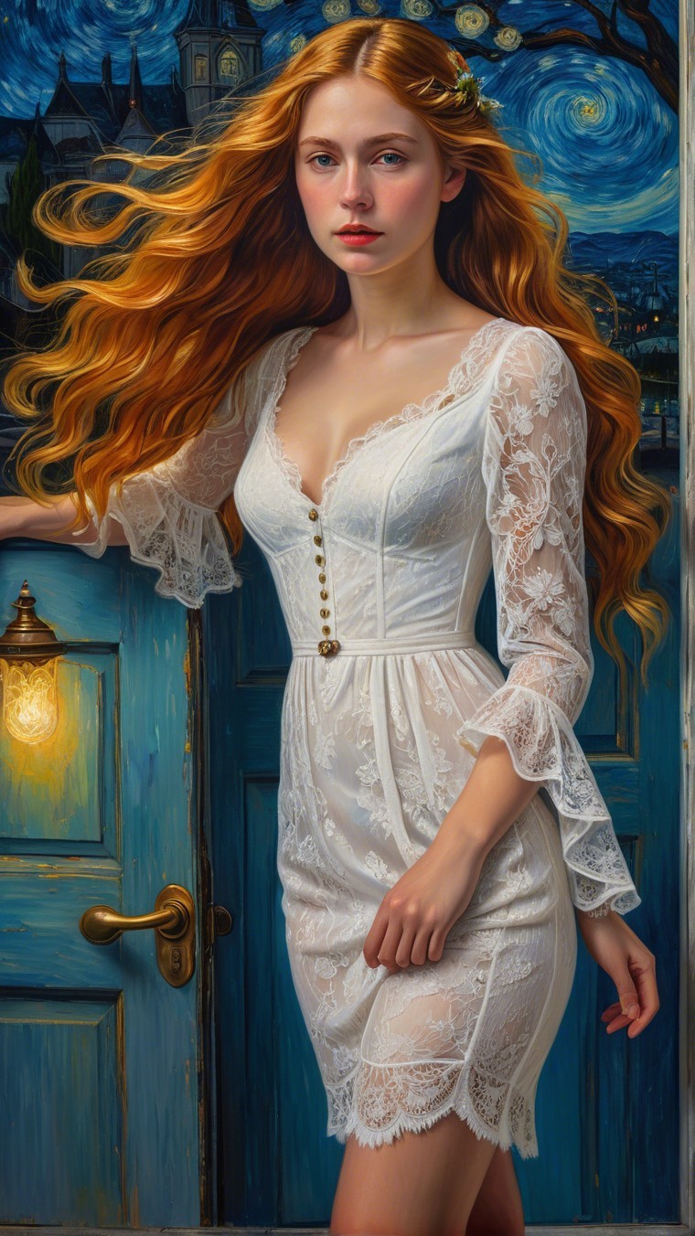 Young Woman in White Lace Dress by Blue Door at Night