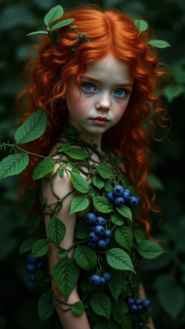 Whimsical figure in leafy dress surrounded by greenery