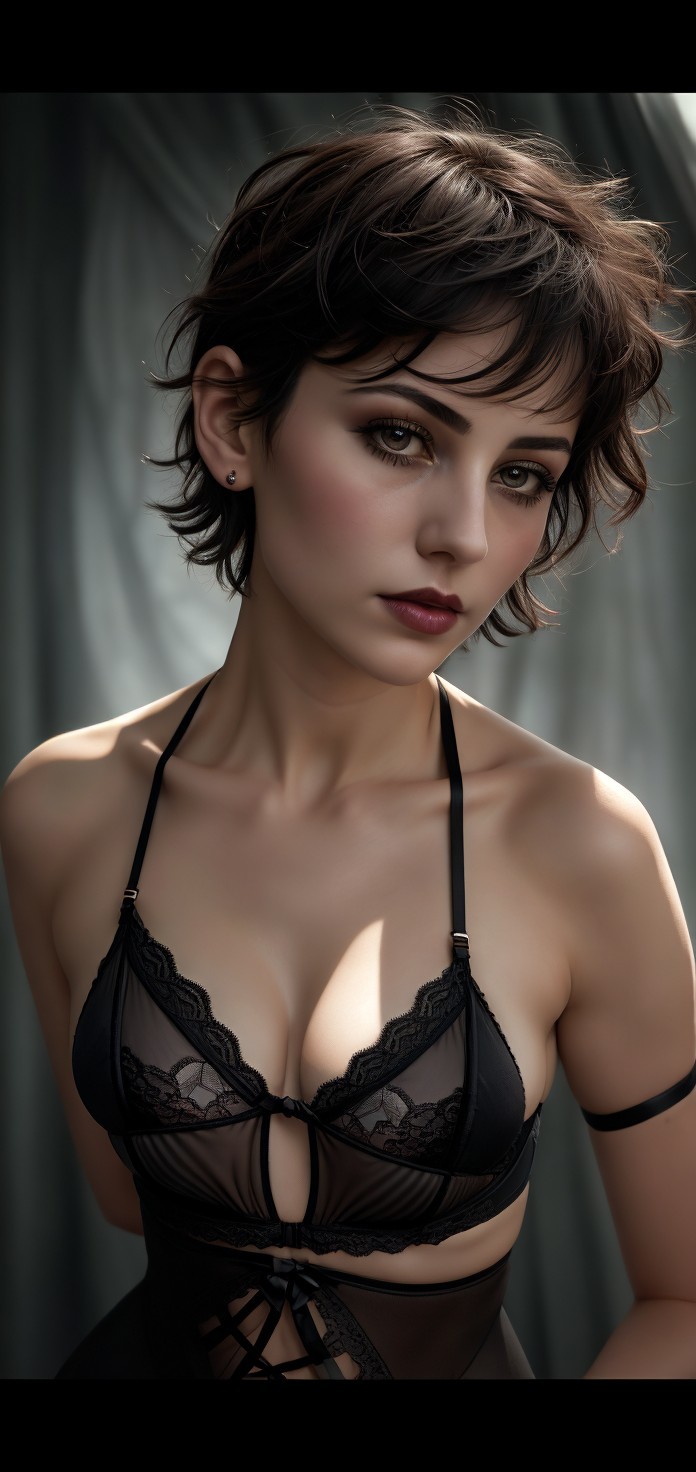 Young woman in black lingerie with striking makeup