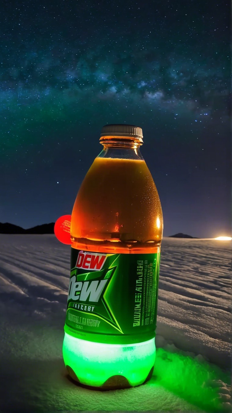 Mountain Dew Energy Bottle in Snowy Night Landscape