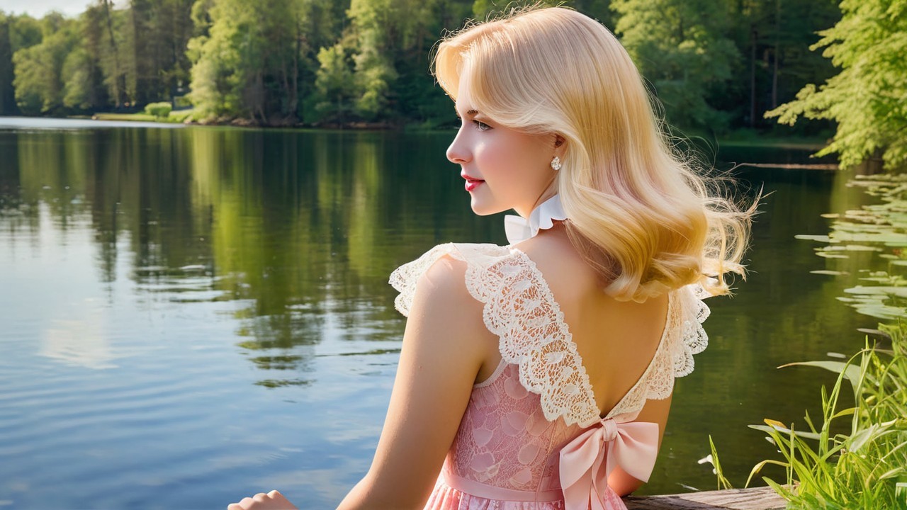 Woman in Pink Dress by Serene Lakeside Scene